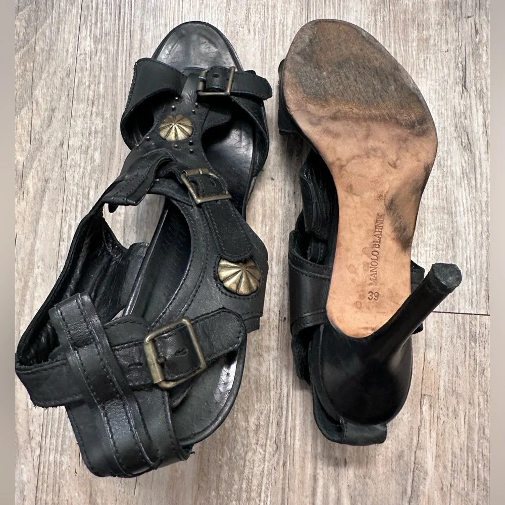 Manolo Blahnik Black Leather Buckle Sandals Brass Medallion Vintage Heels